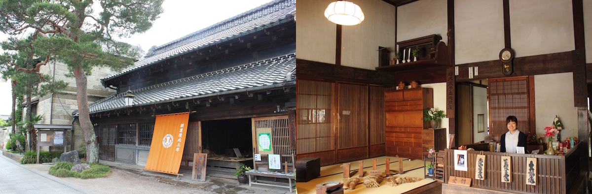 明治時代の豪商、横山家の大きな店構えと当時のままの見せの内部(右)