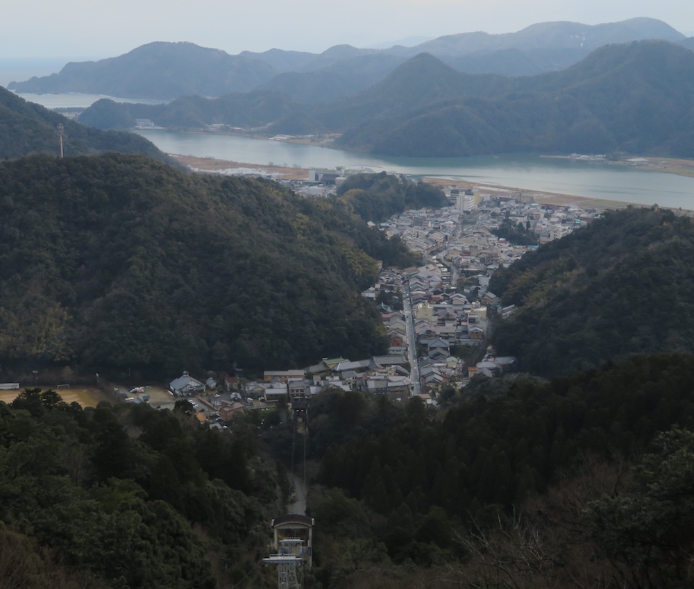 大師山頂から眺めた温泉街。すぐそばを円山川が流れ、その奥に日本海が広がる。自然豊かな温泉地であることが一目でわかる