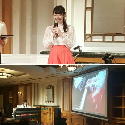 ▲松井咲子さん(上)とコンサートさながらの演奏姿(下)