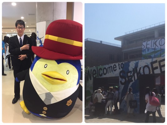 ▲“聖光祭”入口と左は公式マスコット(と、白神さん)