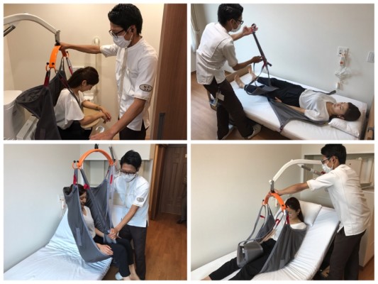 ▲壁収納型介護リフトを体験!お手洗いにも連れて行っていただけます…